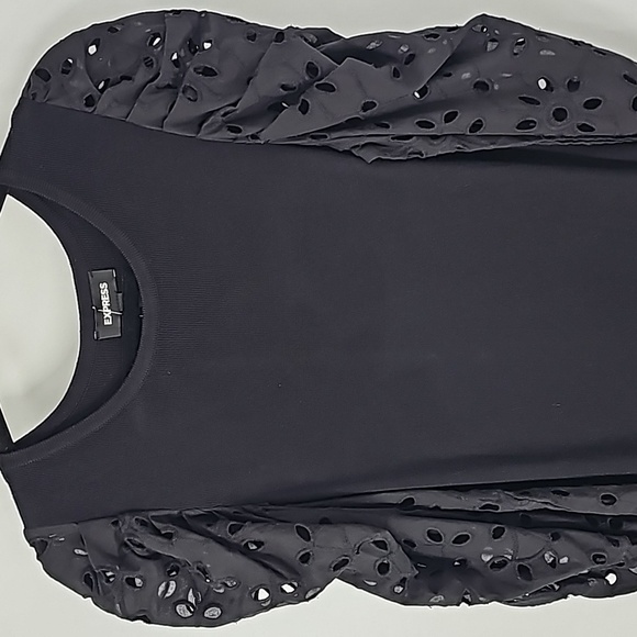 Express Black Bodycon Midi Sweater Dress w Puffed Cutout Scalloped Long Sleeves - Picture 3 of 17